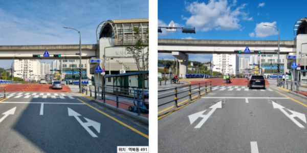 2. 횡단보도와 차량정지선 이격거리를 5m로 확대한 처인구 역북동 491번지의 모습. 사진은 이격거리 확대 전(좌)과.png